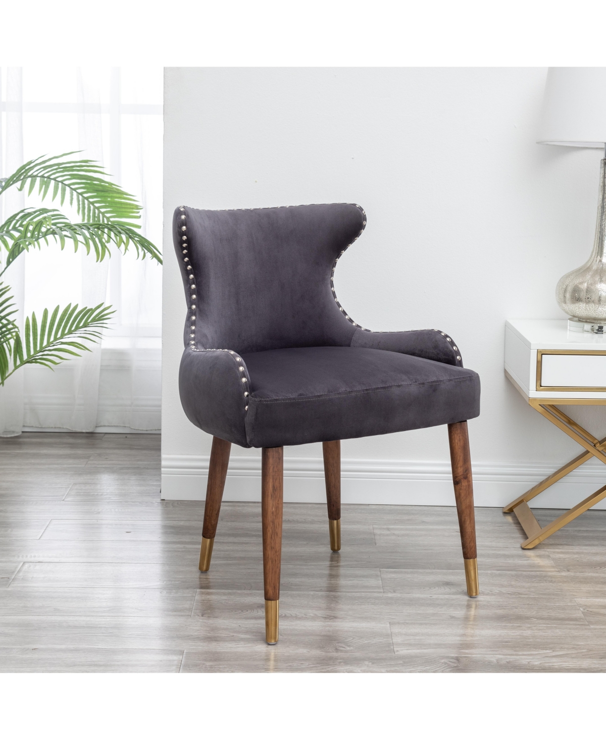 Simplie Fun Contemporary Velvet Upholstered Nailhead Trim Accent Chair, Gray