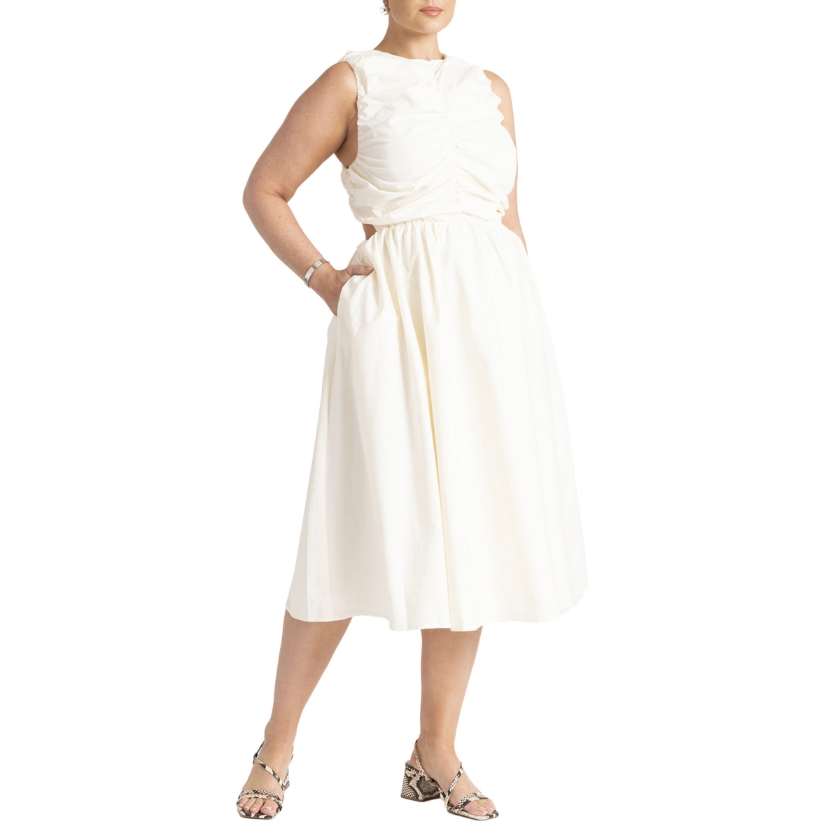 Women's Plus Size Shirred Bodice Midi Dress - Pearl