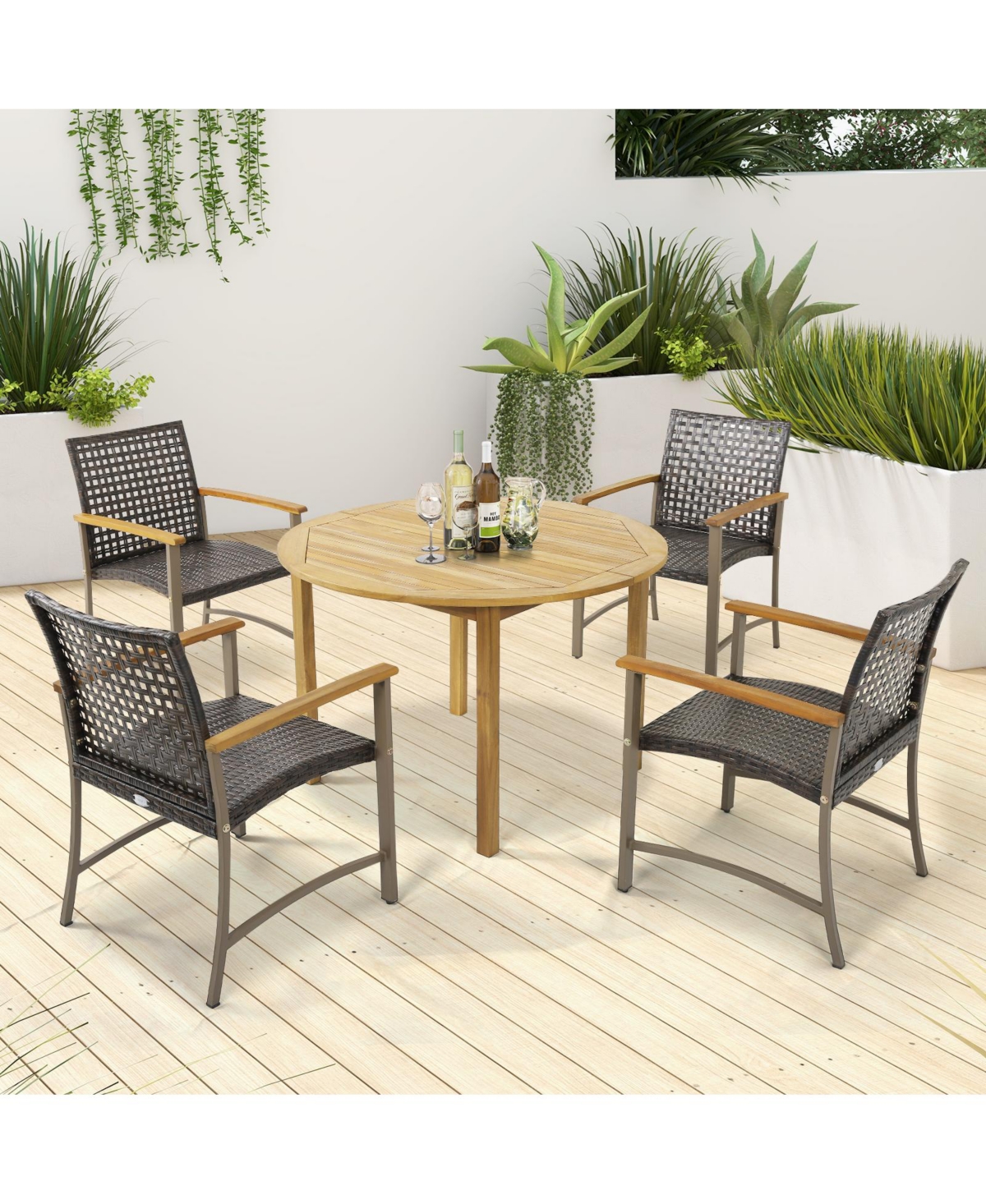 Slickblue Set of 4 Patio Rattan Dining Chairs with Acacia Wood Armrests