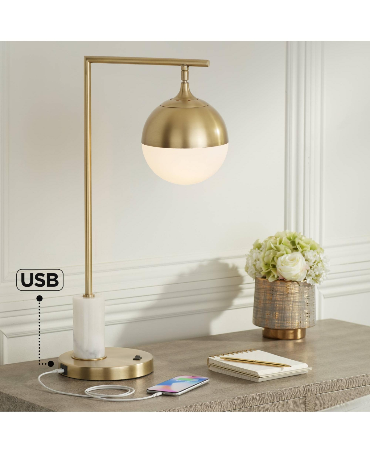 Possini Euro Design Luna Mid Century Modern Desk Table Lamp with Usb Port High Antique Brass Metal White Opal Glass Shade for Living Room Bedroo