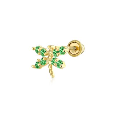 Dainty Green CZ Dragonfly Helix Stud Earring In 14K Yellow Gold Screwback (single)