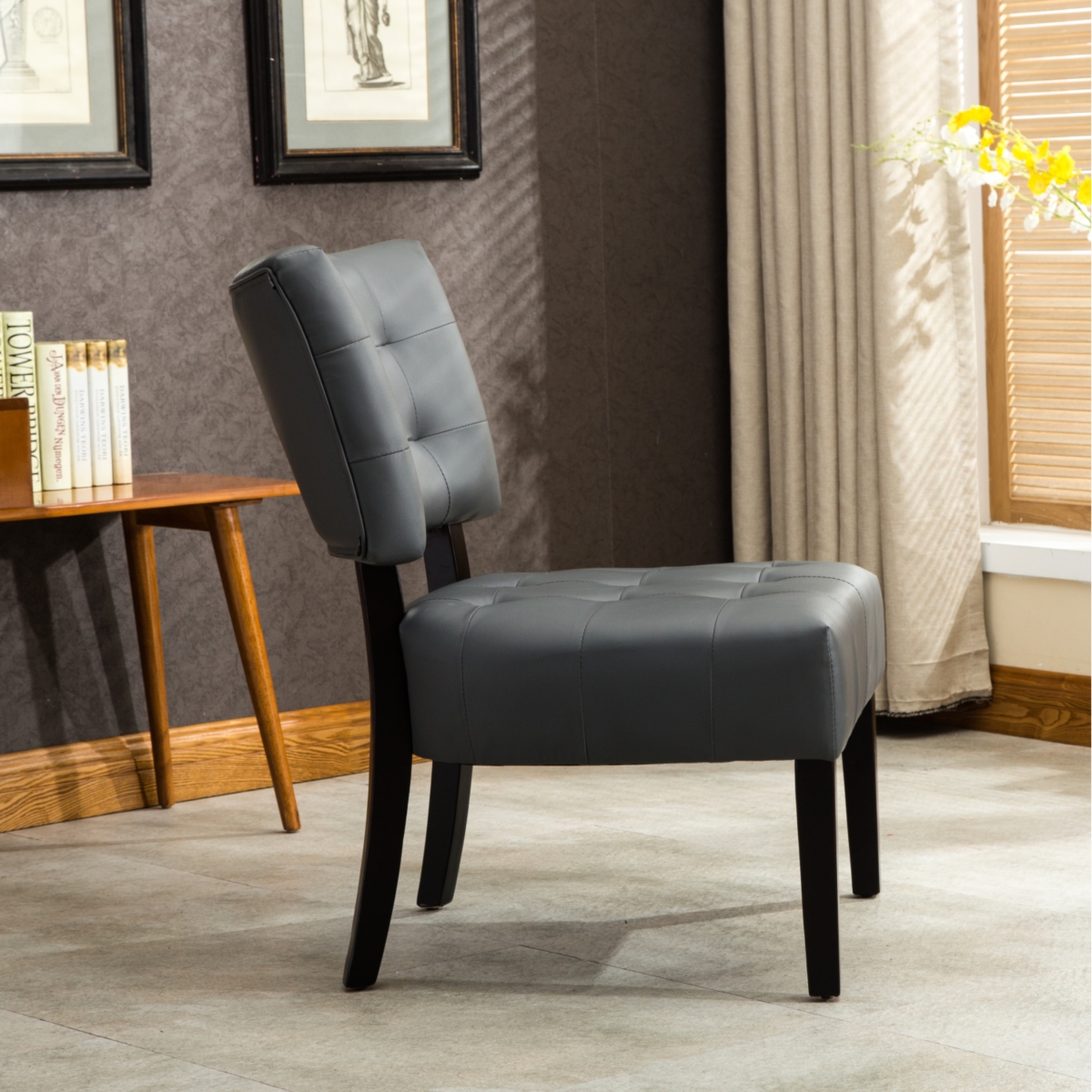 Simplie Fun Blended Leather Tufted Accent Chair with Oversized Seating, Gray