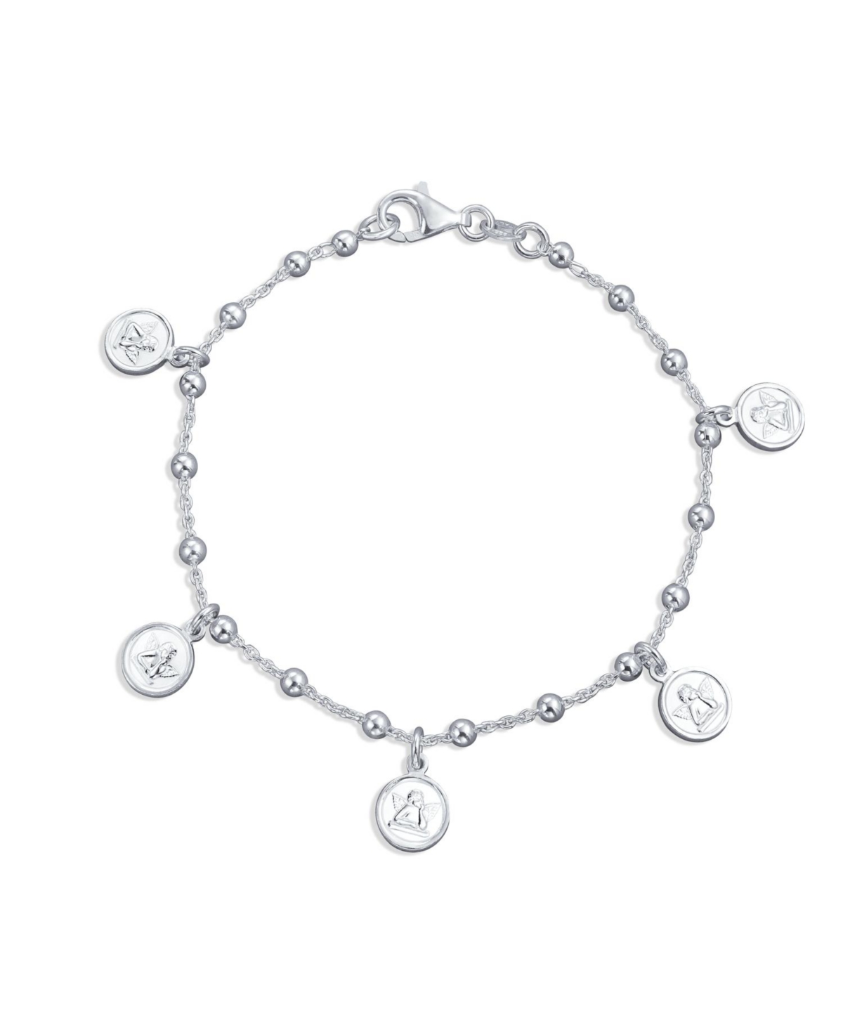 Protection Dangle Round Disc Medal Multi Charm Guardian Angels Cherubs Coin Bracelet For Women For Teen .925 Sterling Silver - Silver