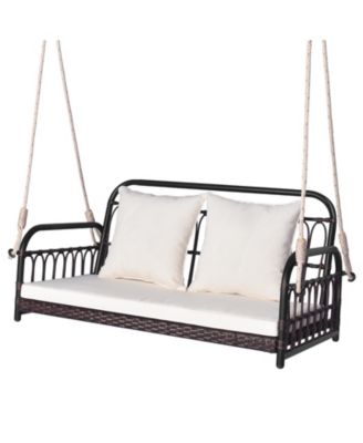 880LBS Wicker Hanging Porch Swing with Cushions-White