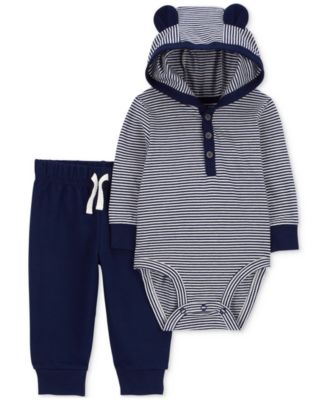 Carter's - Baby Boys Cotton Striped Hooded Bodysuit & Pants, 2 Piece Set