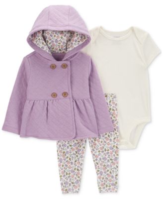 Carter's - Baby Girls Quilted Hooded Jacket, Solid Short-Sleeve Bodysuit & Floral-Print Pants, 3 Piece Set