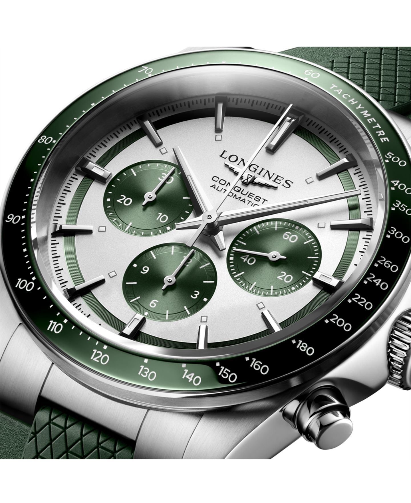 Мужские часы Longines Swiss Automatic Chronograph Conquest Green Rubber Strap Watch 42mm — фото 4