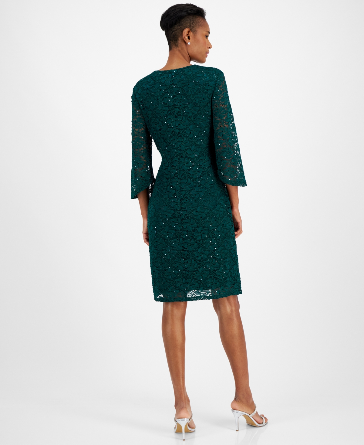 Connected Women's Sequin-Lace 3/4-Sleeve Faux-Wrap Dress
