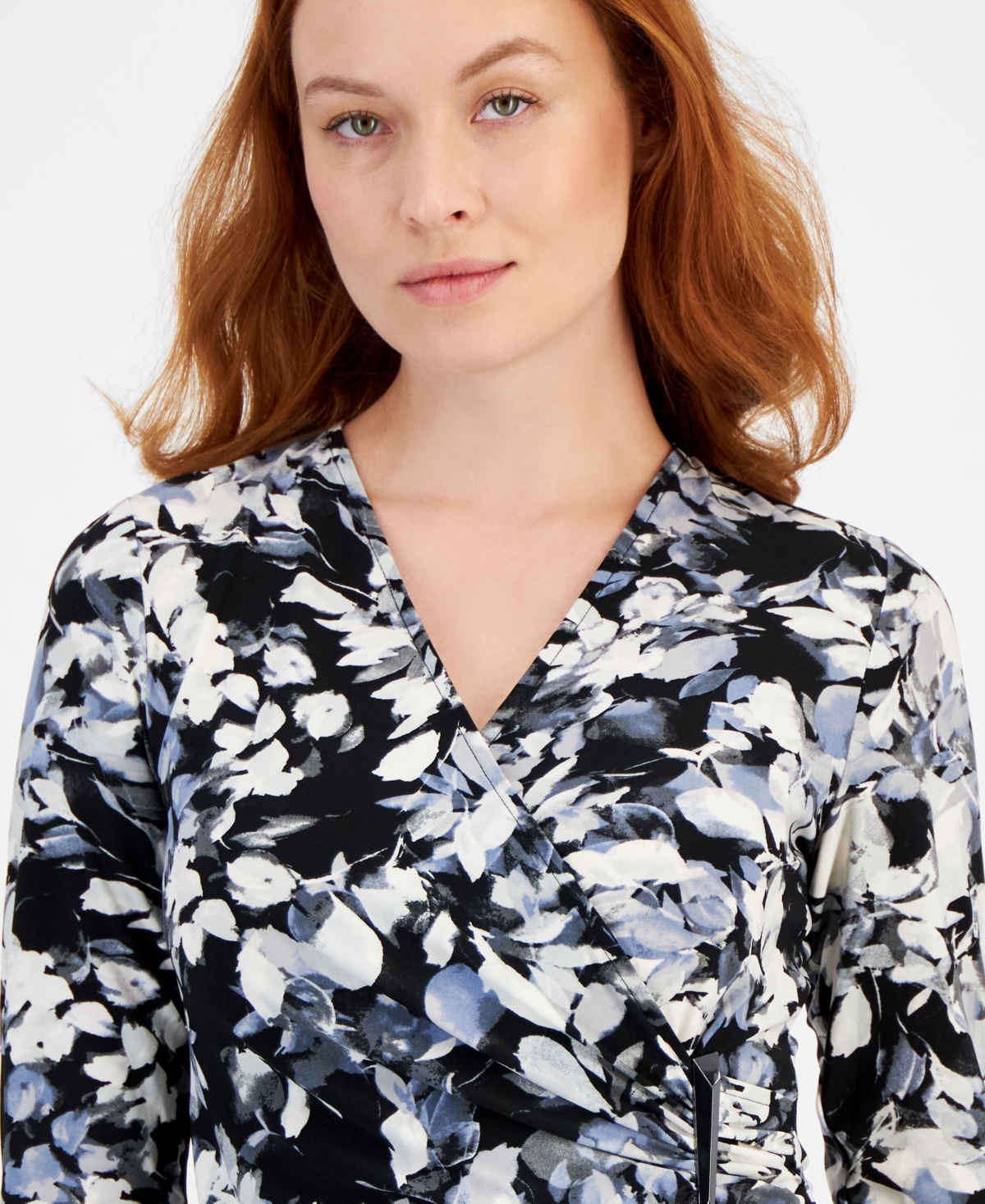 Anne Klein Women's Printed 3/4-Sleeve Faux-Wrap Top