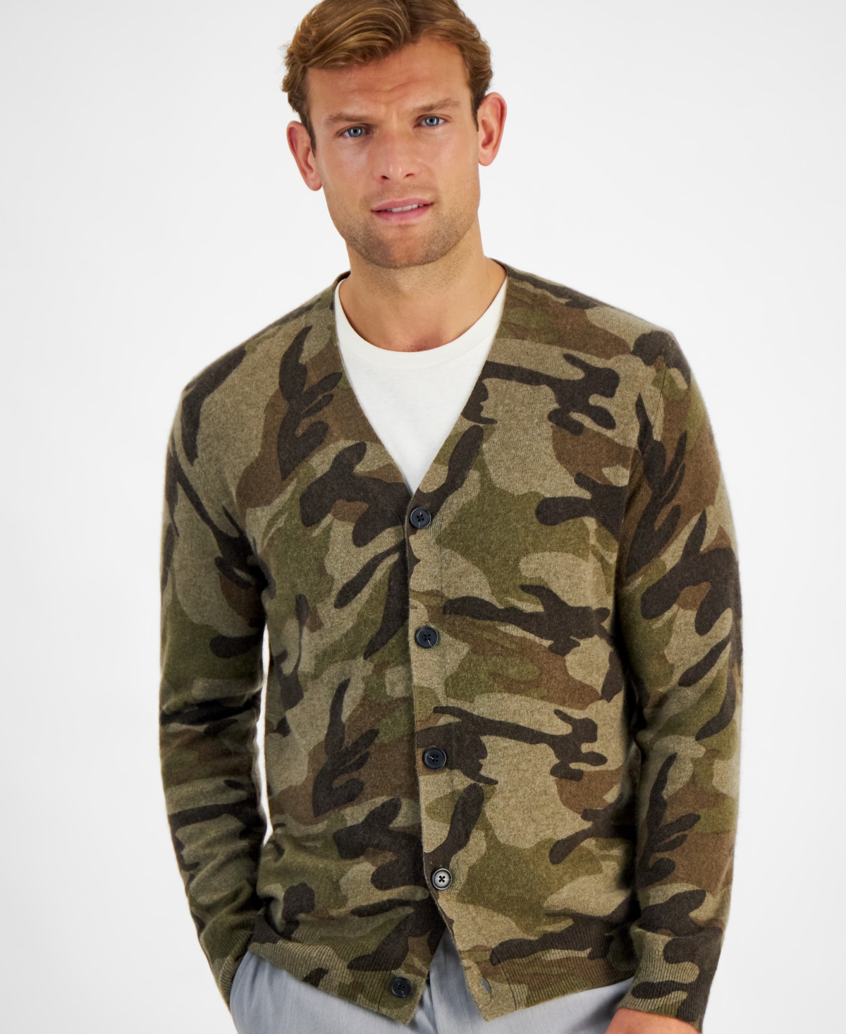 Club Room Men's Camo V-Neck Cashmere Cardigan Sweater, Created for Macy's