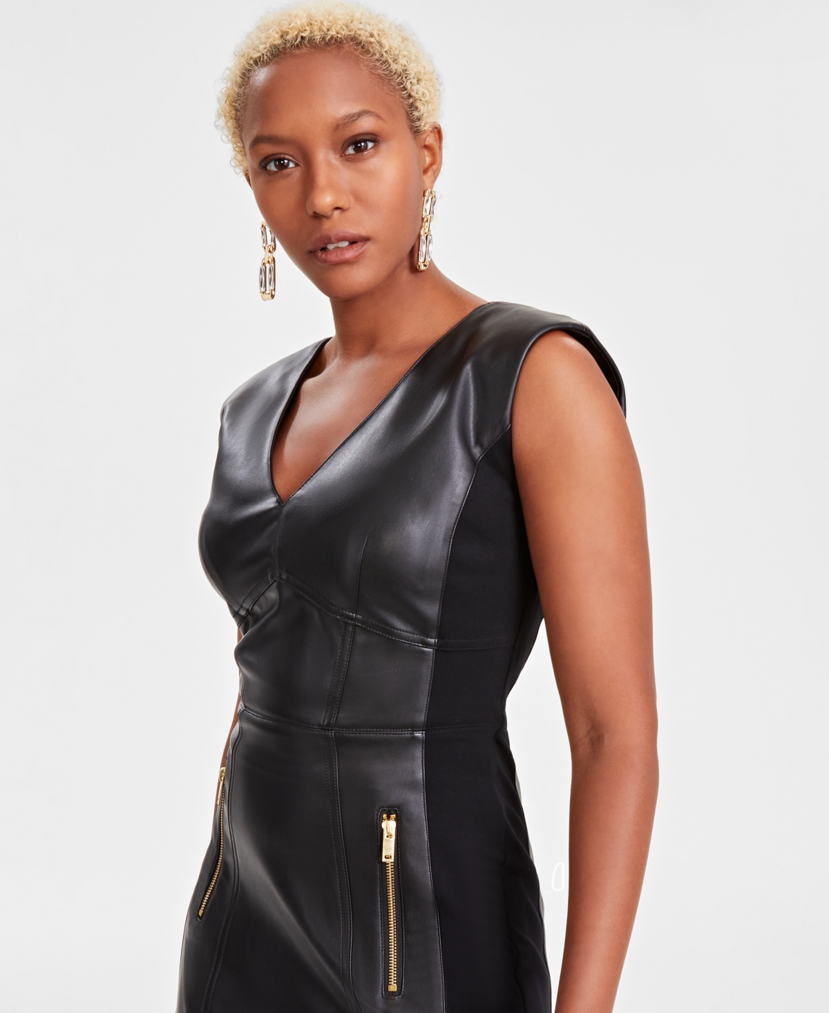 I.n.c. International Concepts Women's V-Neck Faux-Leather Midi Dress, Created for Macy's