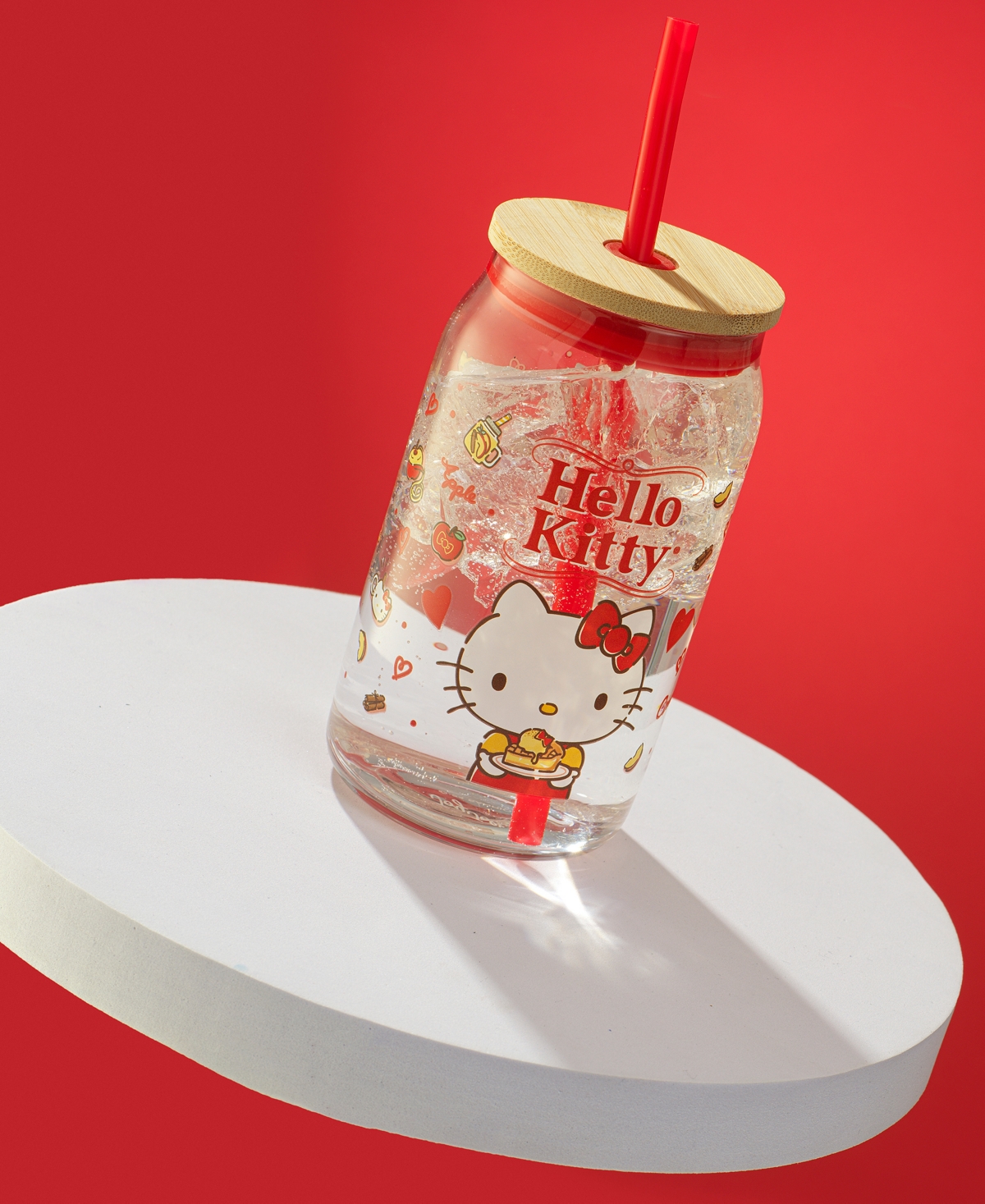 JOYJOLT HELLO KITTY AND FRIENDS FAVORITE FLAVOR HELLO KITTY CAN SHAPED GLASS TUMBLER WITH WOOD LID AND STRAW 