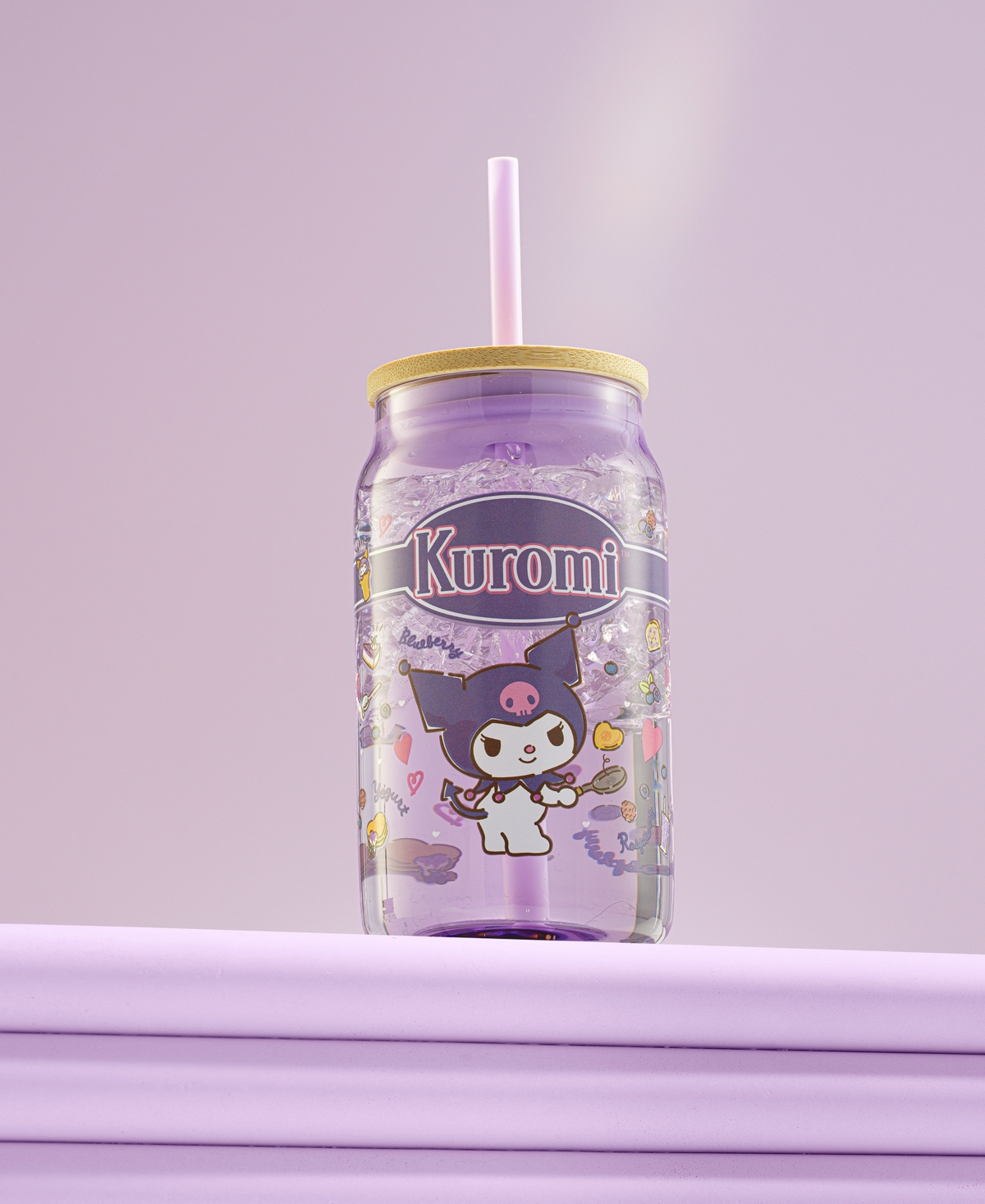 JOYJOLT HELLO KITTY AND FRIENDS FAVORITE FLAVOR KUROMI CAN SHAPED GLASS TUMBLER WITH WOOD LID AND STRAW 