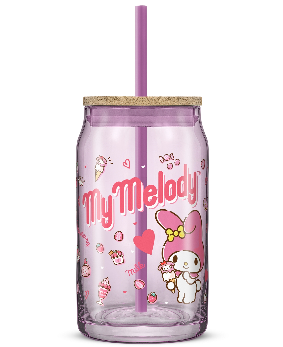 Joyjolt Hello Kitty And Friends Favorite Flavor My Melody Can Shaped Glass Tumbler With Wood Lid And Straw In Multi