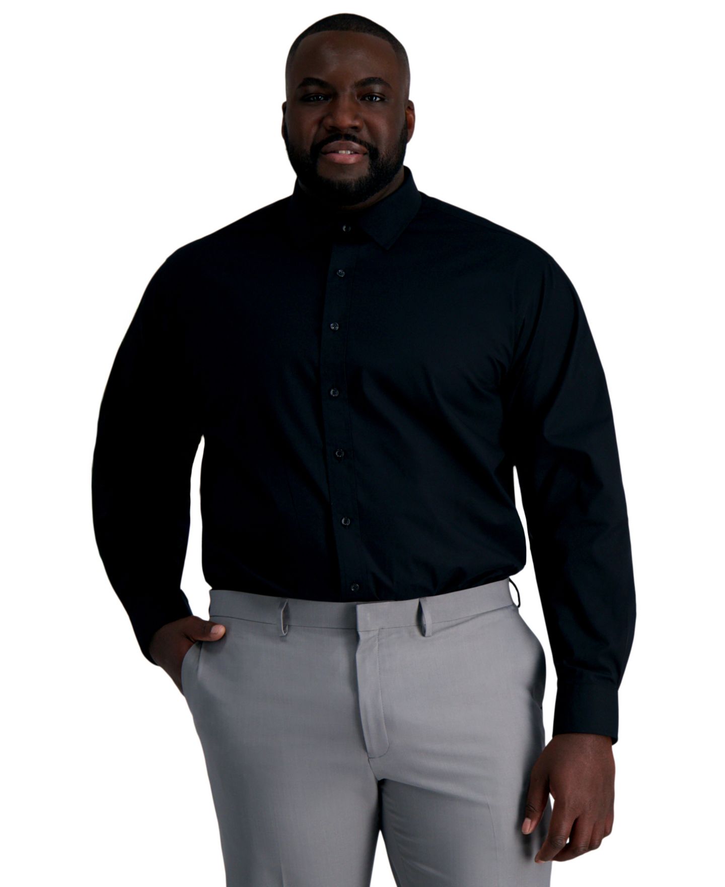 Мужская рубашка Haggar Big & Tall Classic-Fit Premium Comfort Dress Shirt, цвет: Чёрный однотонный — фото 5