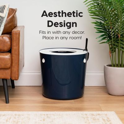 USA Large Stylish Round Top Entry Cat Litter Box with Scoop, Curved Kitty Litter Pan with Litter Particle Catching, Navy/White