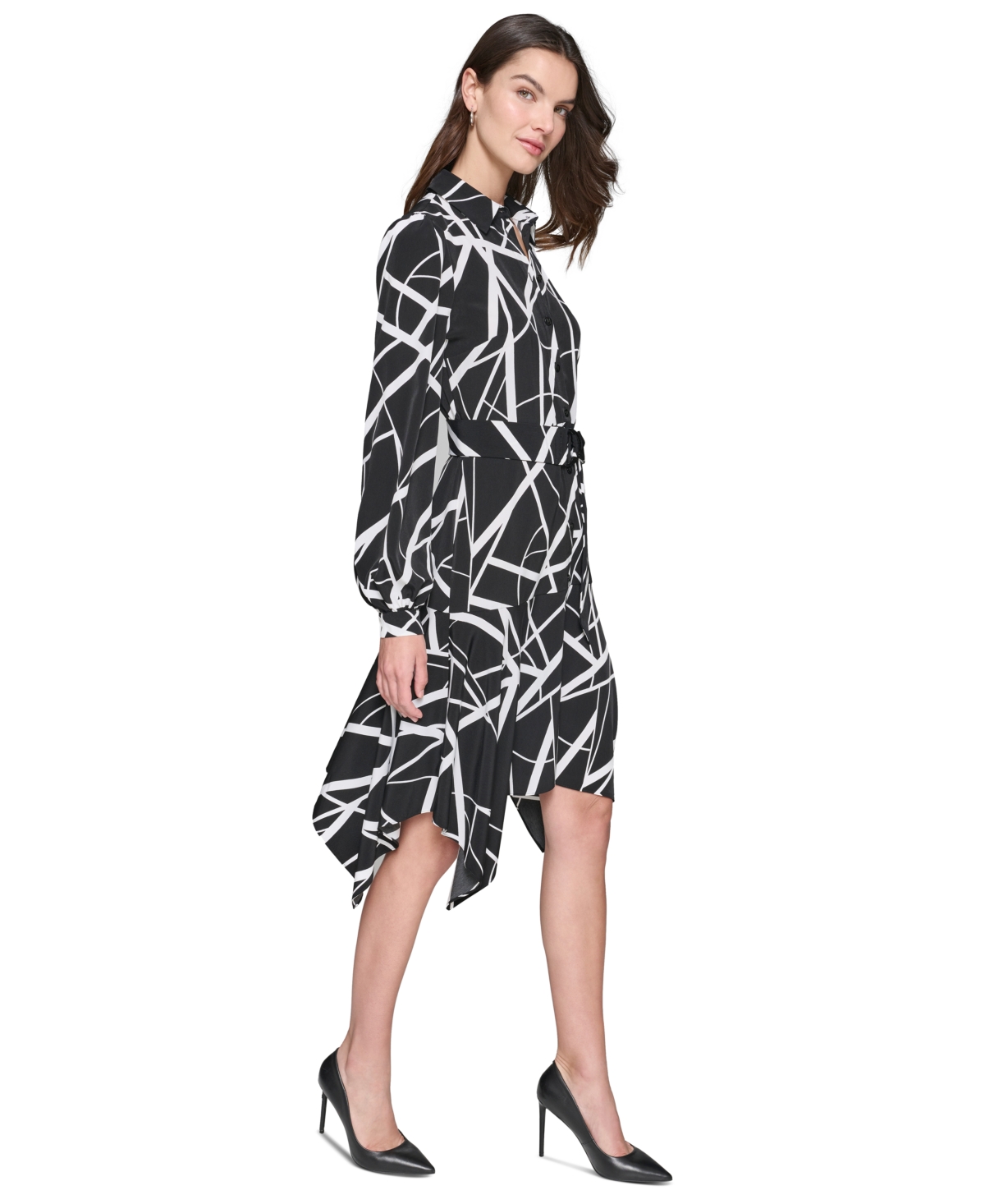 Karl Lagerfeld Paris Women's Printed Handkerchief-Hem Shirtdress - Black  Soft White