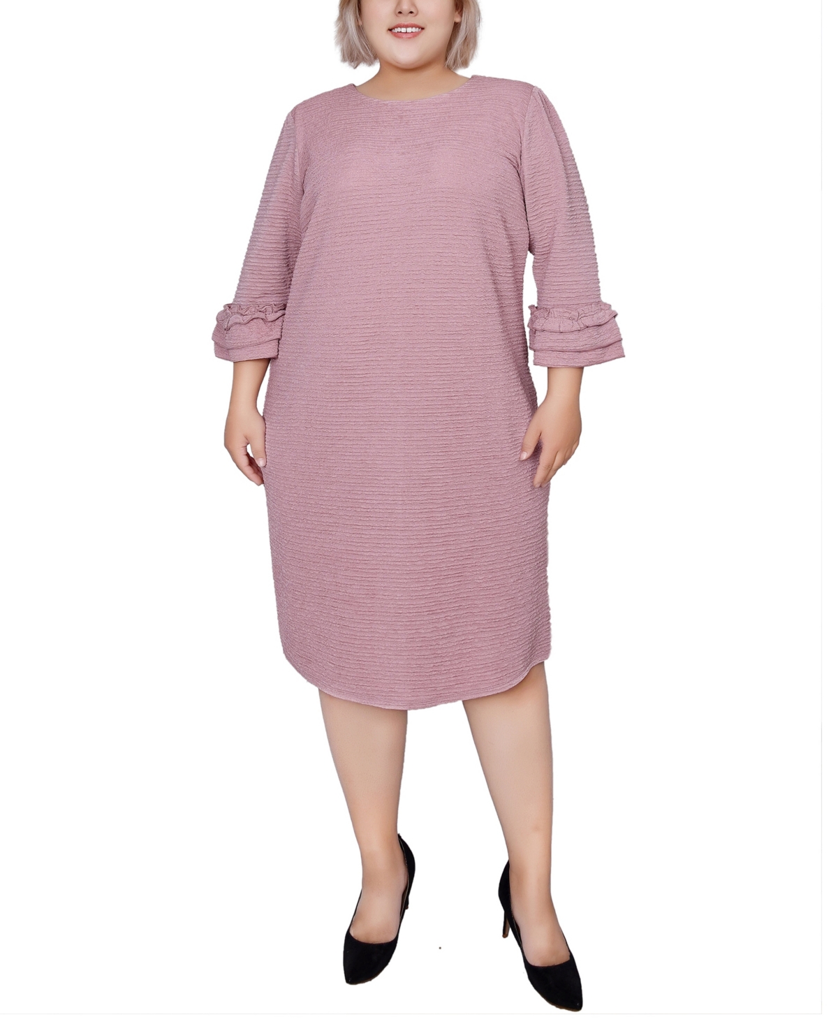 Ny Collection Plus Size 3/4 Length Sleeve Textured Knit Dress In Blush