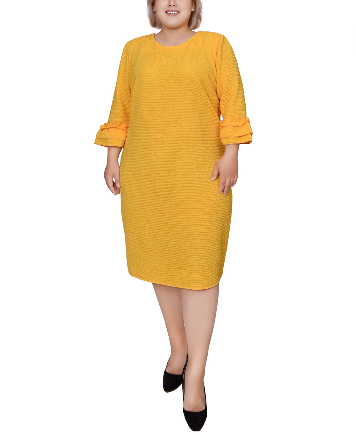 Ny Collection Plus Size 3/4 Length Sleeve Textured Knit Dress In Lemon