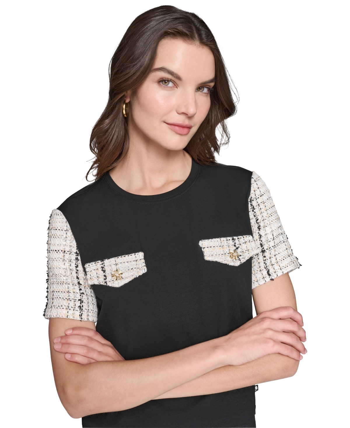 Karl Lagerfeld Paris Women's Short-Sleeve Tweed Pocket Top