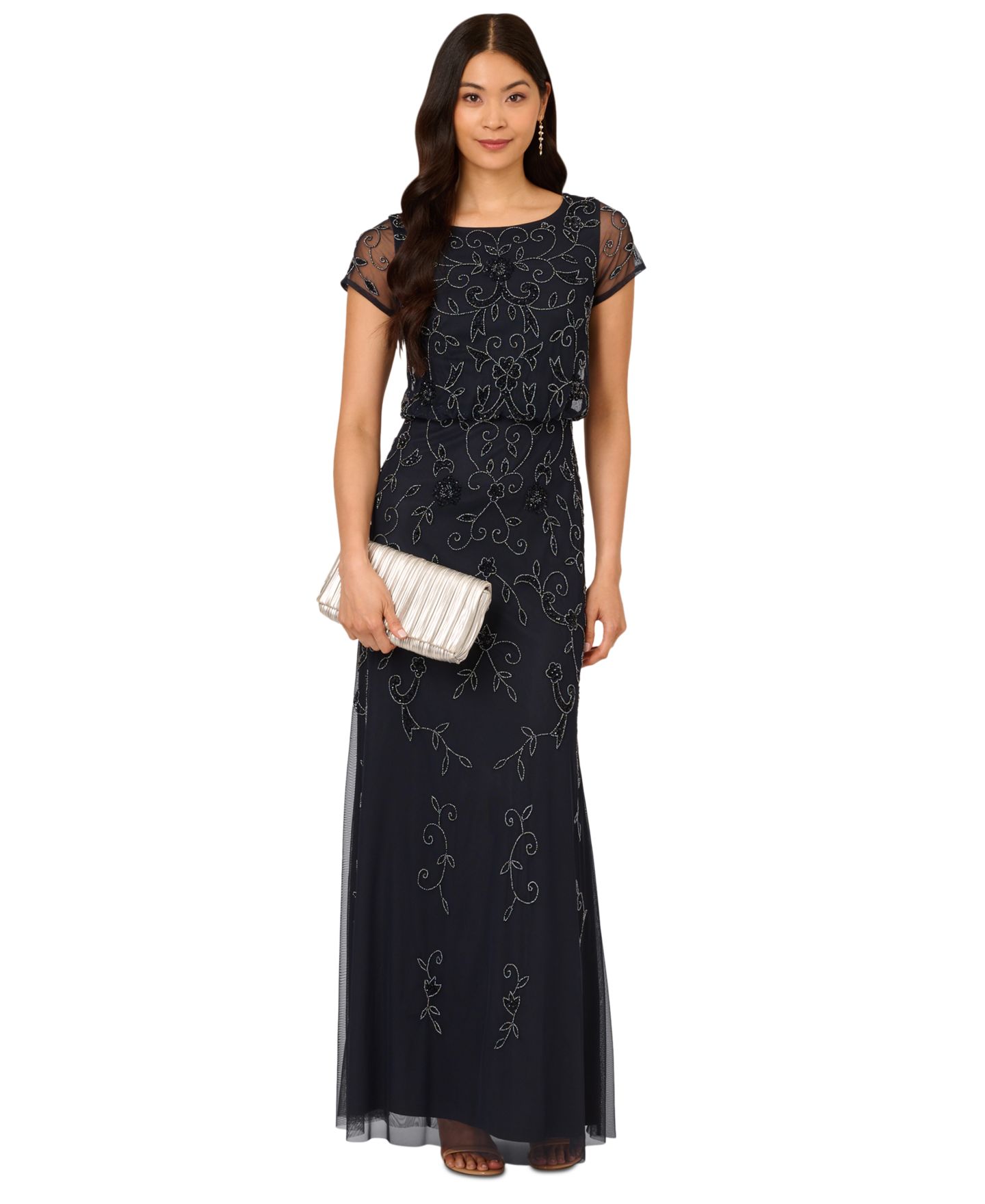 Женское платье Adrianna Papell Boat-Neck Beaded Blouson Gown, цвет: Тёмно-синий — фото 1
