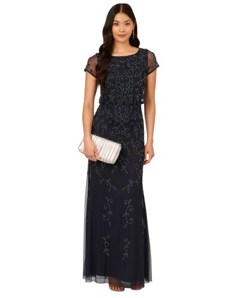 Женское платье Adrianna Papell Boat-Neck Beaded Blouson Gown, цвет: Тёмно-синий