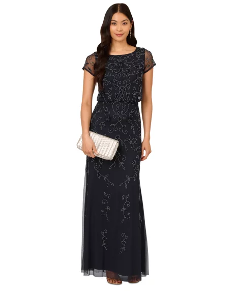 Petite Boat-Neck Short-Sleeve Beaded Blouson Gown  - Midnight