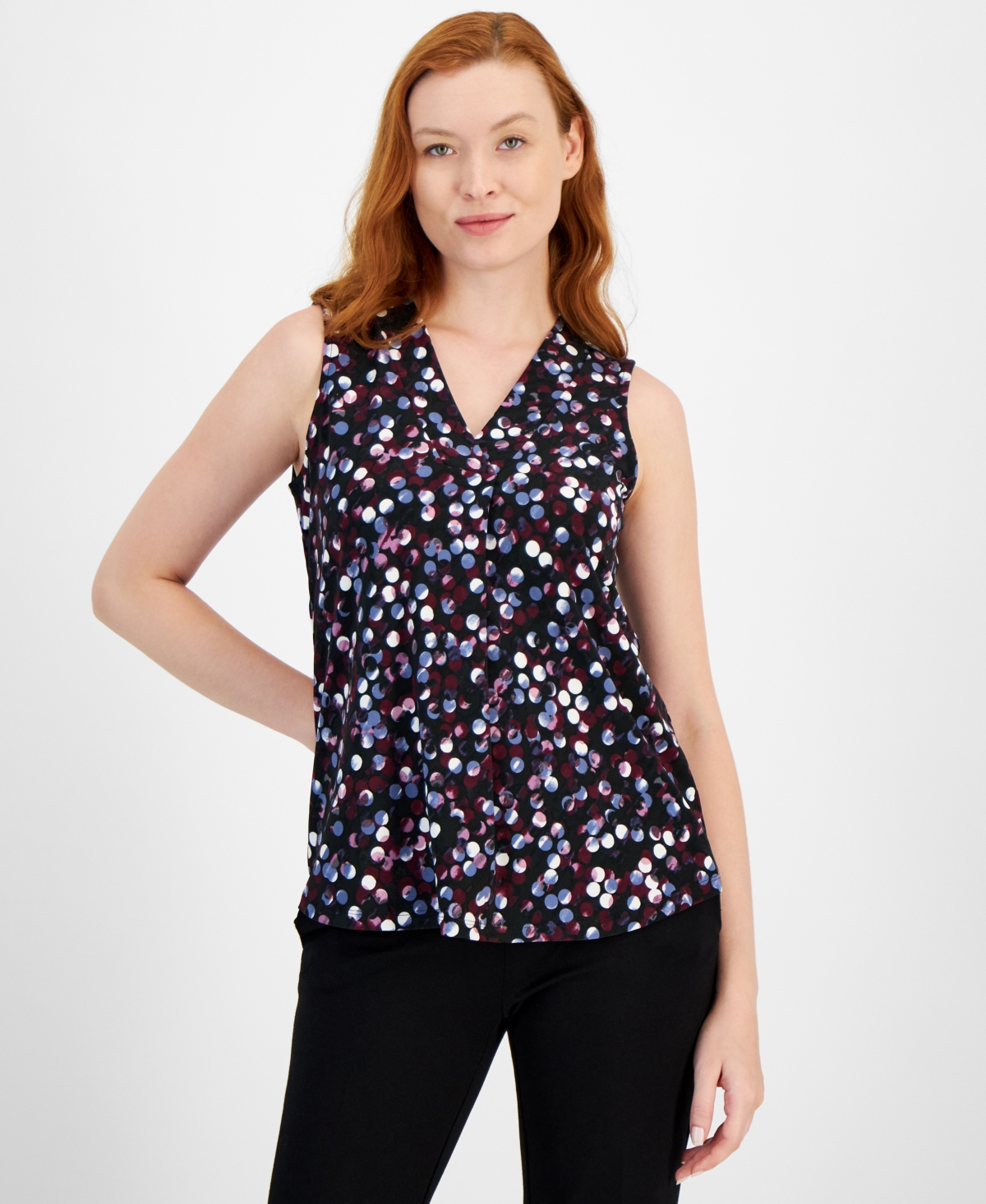 Anne Klein Polka Dot Pleat V-neck Shell In Deep Plum