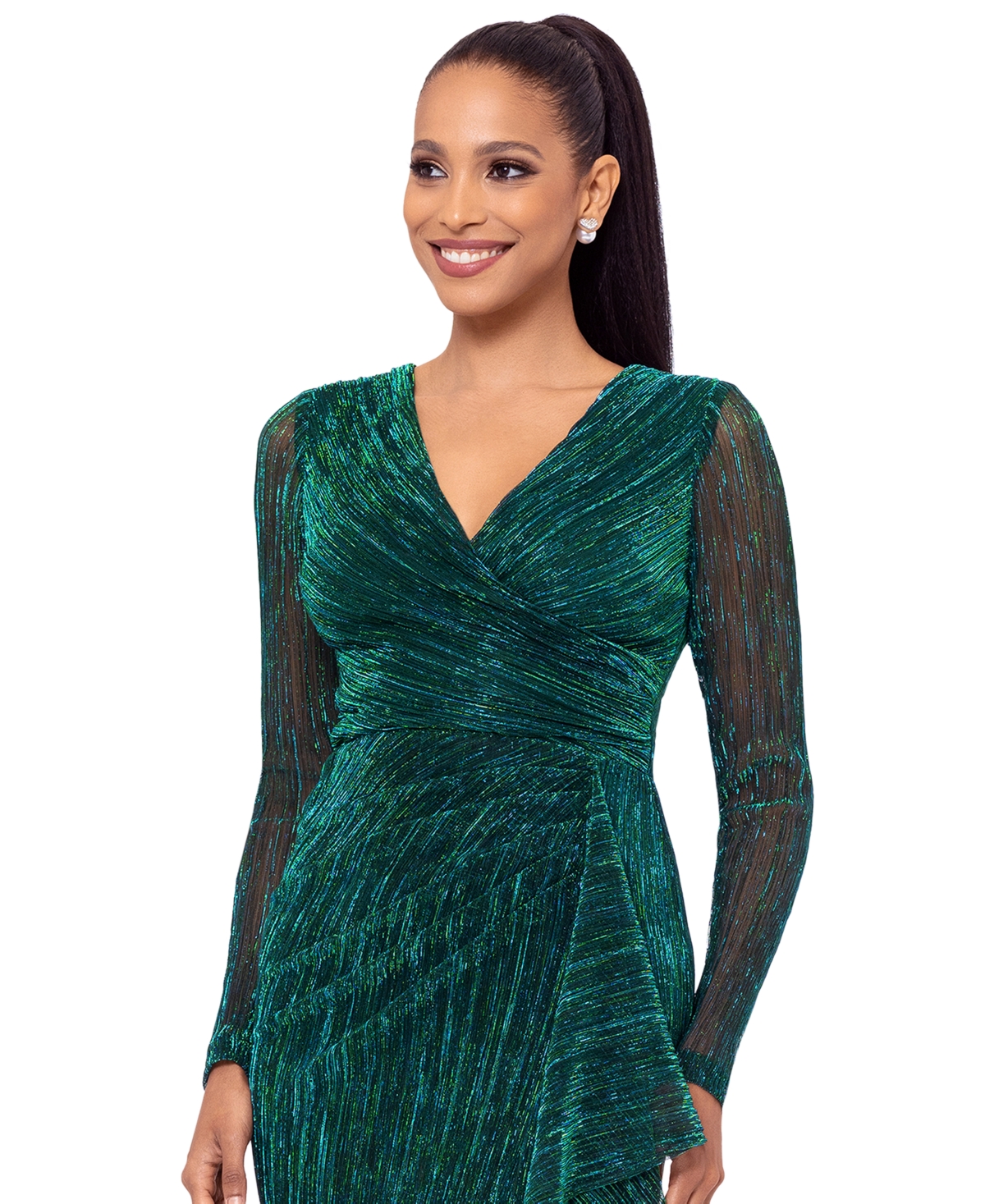Betsy & Adam Women's Metallic Draped Long-Sleeve Gown