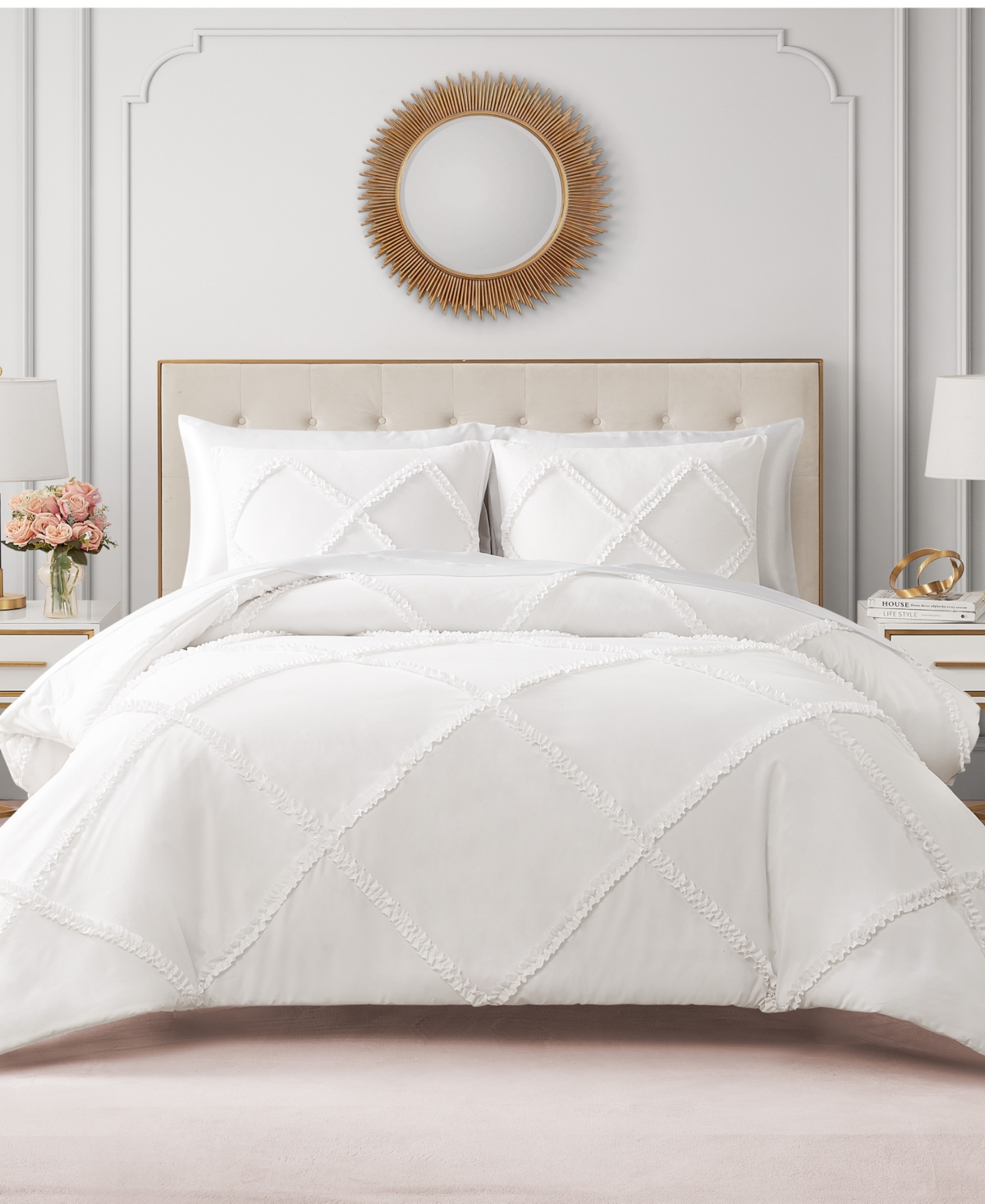 Juicy Couture Diamond Ruffle 3 Piece Reversible Comforter Set, King In White