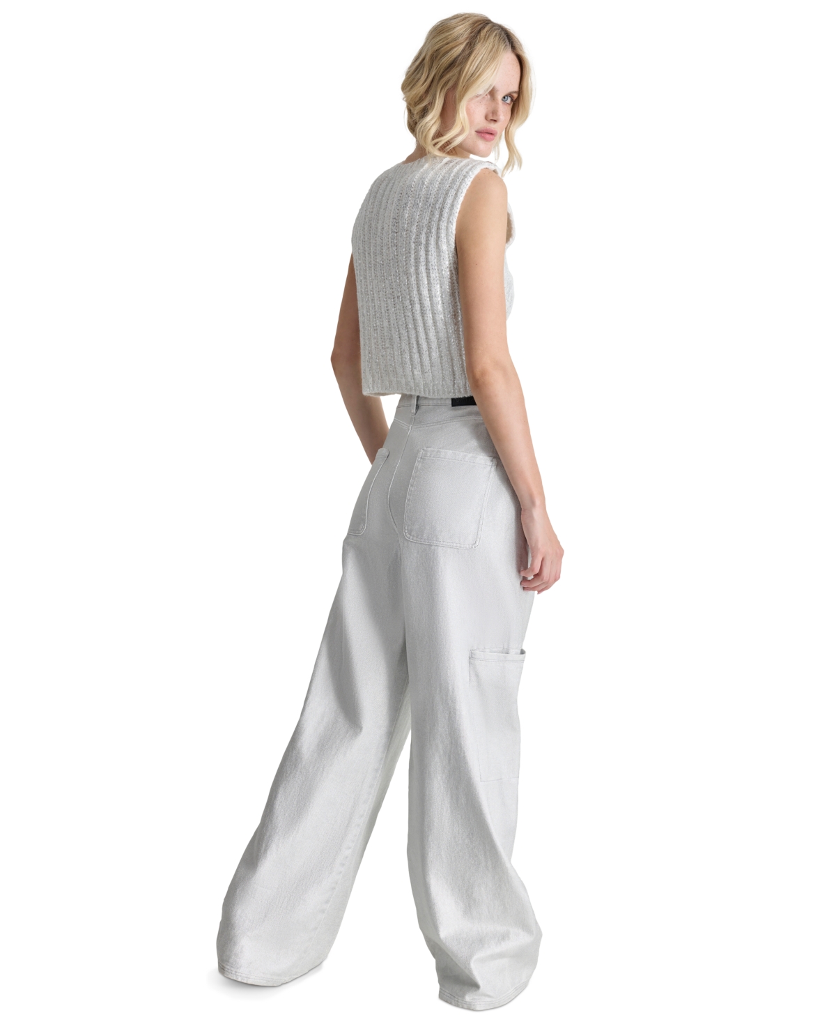 Dkny Jeans Petite Cropped Cable-Knit Metallic-Threaded Sleeveless Sweater -Silver