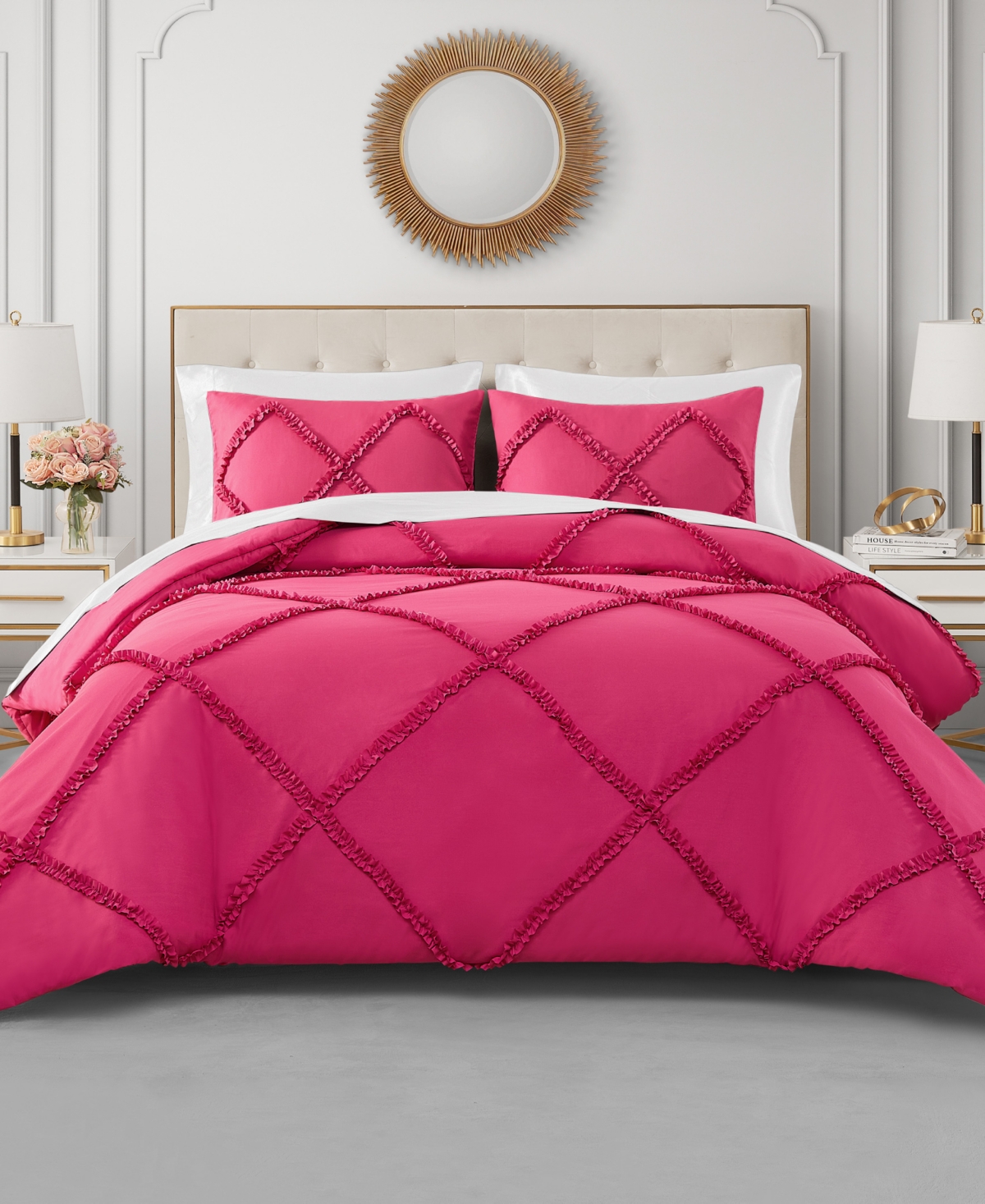 Juicy Couture Diamond Ruffle 3 Piece Reversible Comforter Set, King In Hot Pink