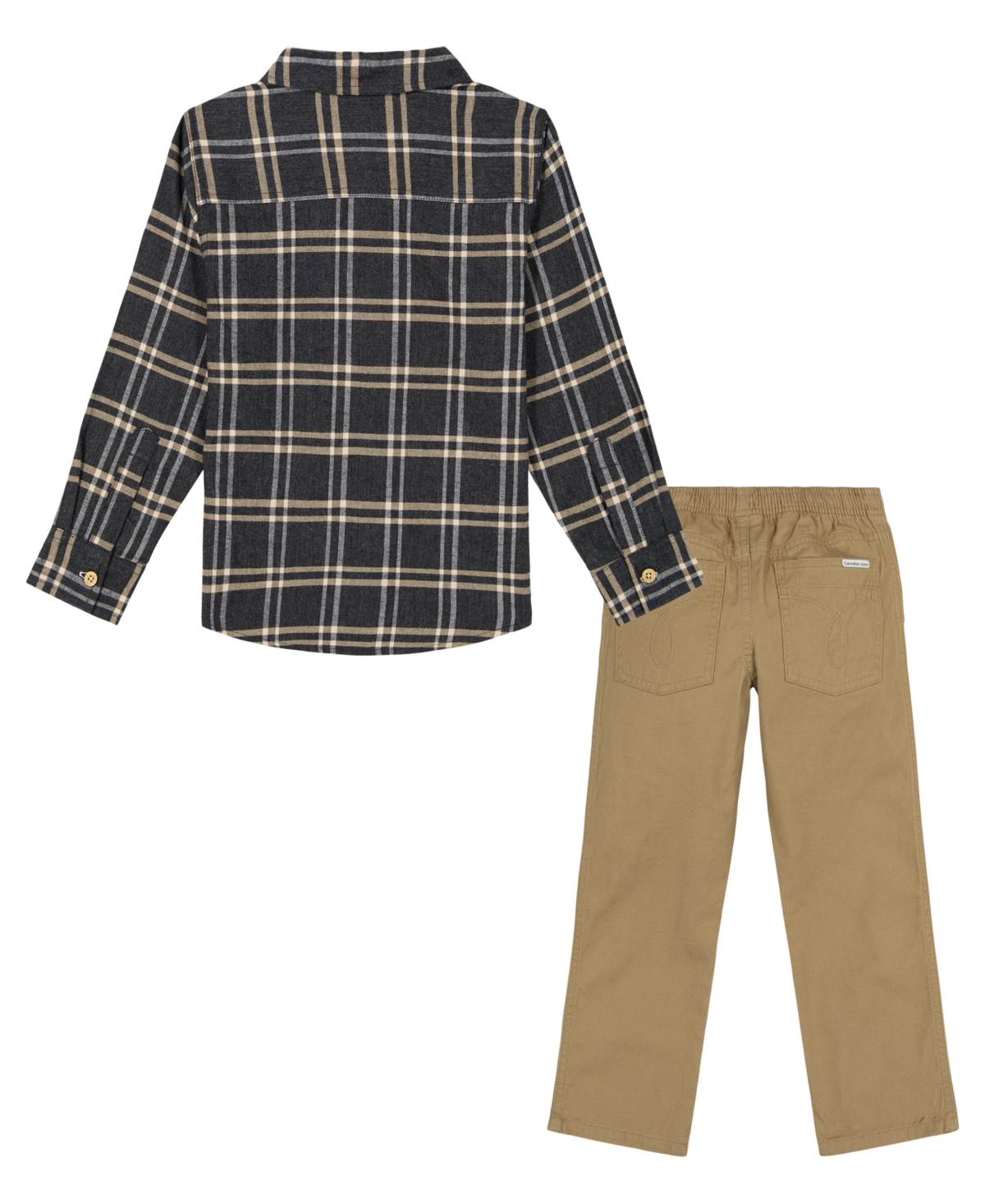 Calvin Klein Toddler and Little Boy long sleeve Plaid Chest Pocket Shirt Prewashed Twill Pants
