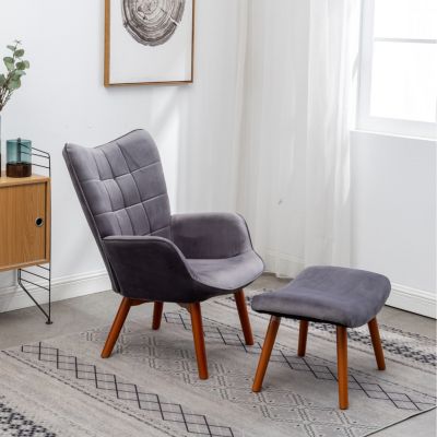 Contemporary Silky Velvet Tufted Accent Chair with Ottoman