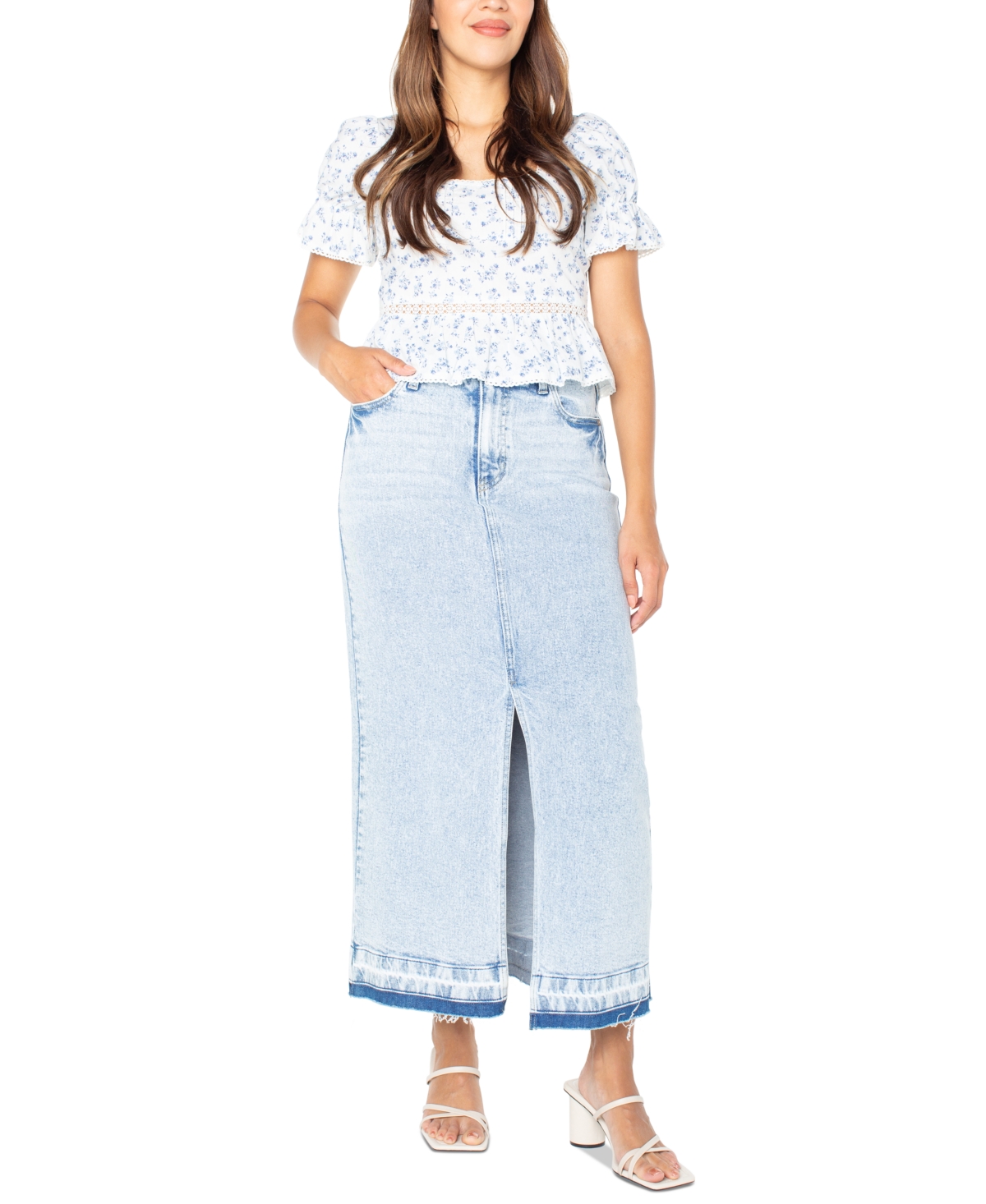 Juniors' Raw-Hem Denim Maxi Skirt - Acid Wash