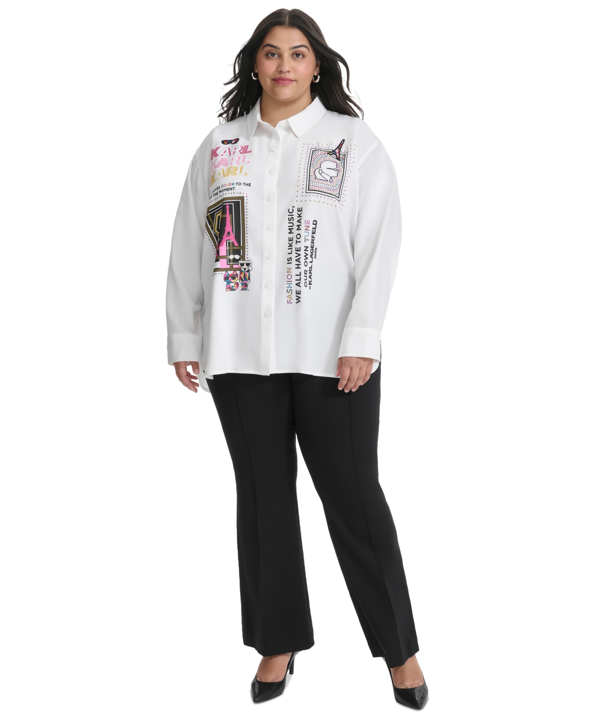 Karl Lagerfeld Paris Plus Size Embellished Printed Button-Front Shirt, Created for Macy's