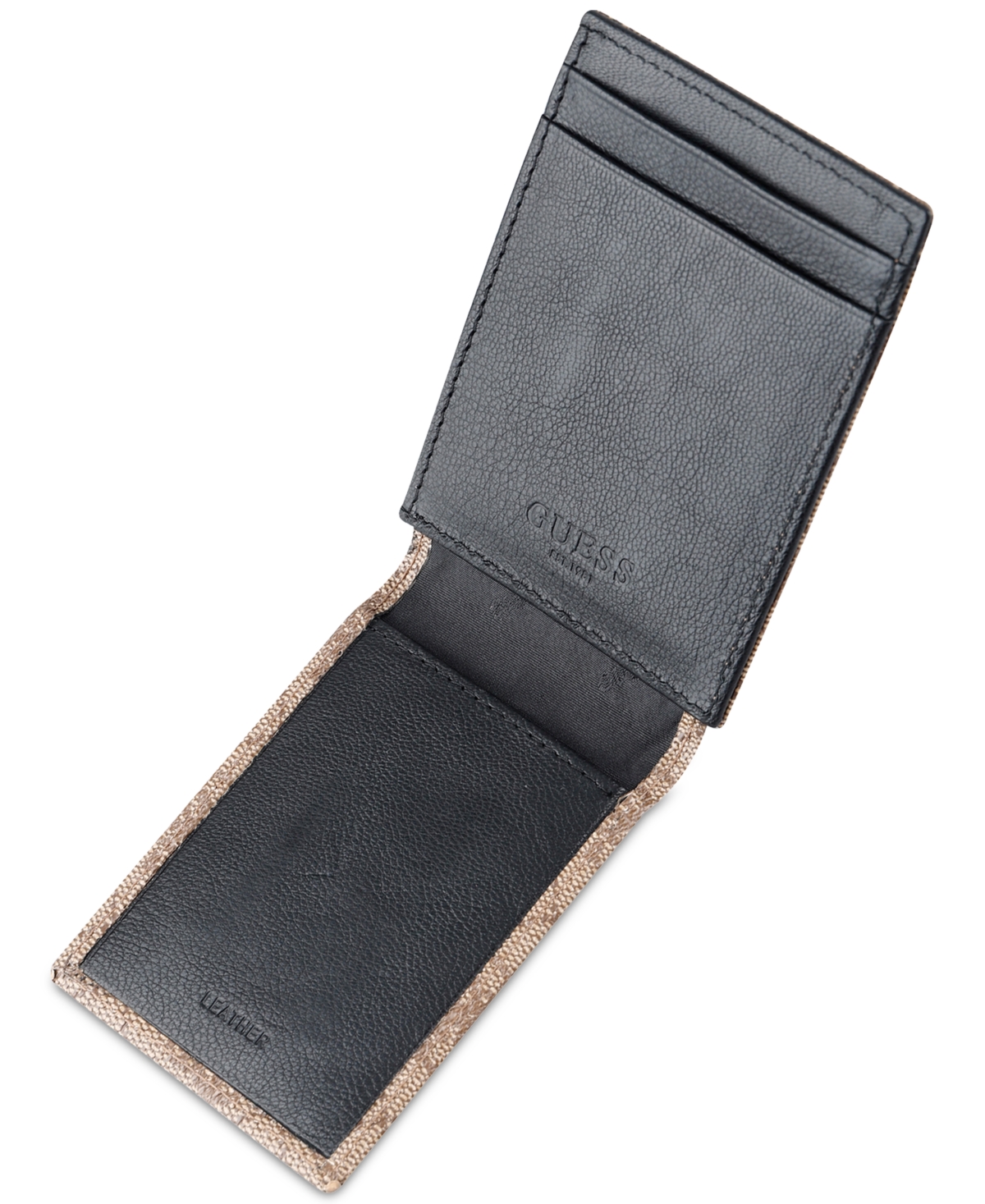 Guess Men's Quattro Patchwork Triangle Logo Wallet In Black,tan
