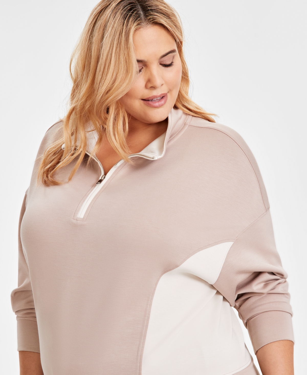 And Now This Trendy Plus Size Colorblocked Quarter-Zip Top, Created for Macy's -Stone