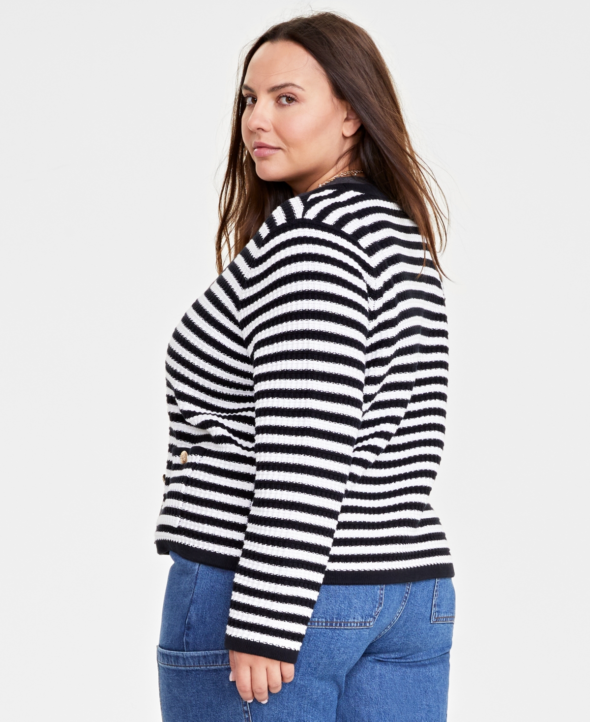 On 34th Trendy Plus Size Cotton Button-front Cardigan, Created For Macy's In Washed White Combo