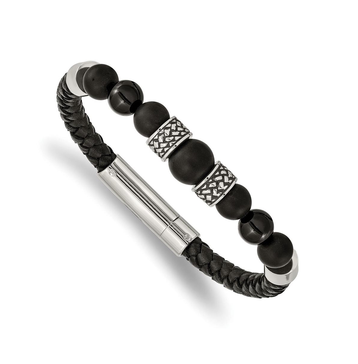 Stainless Steel Black Agate Beads Black Leather Bracelet