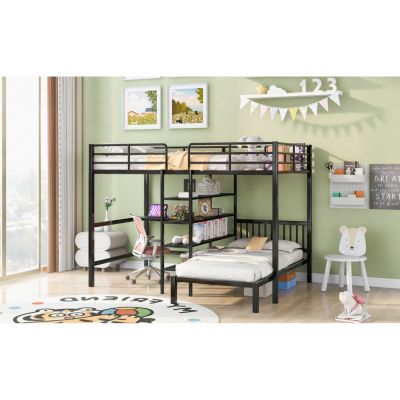 Streamdale Full Over Twin Metal Bunk Bed With Built-In Desk, Shelves And Ladder
