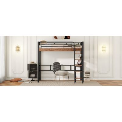 Metal Twin Size Loft Bed with Built-In Desk, Storage Shelf and Ladder