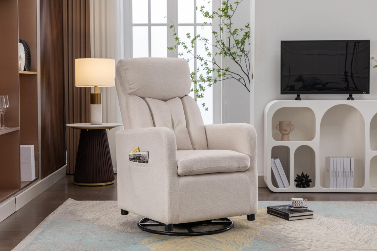 Streamdale Furniture Linen Fabric Swivel Rocking Chair Gilder Chair With Pocket,- Beige