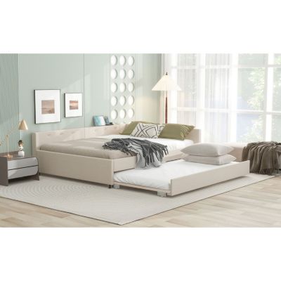 Queen Size Upholstered Platform Bed with USB And Twin Size Trundle