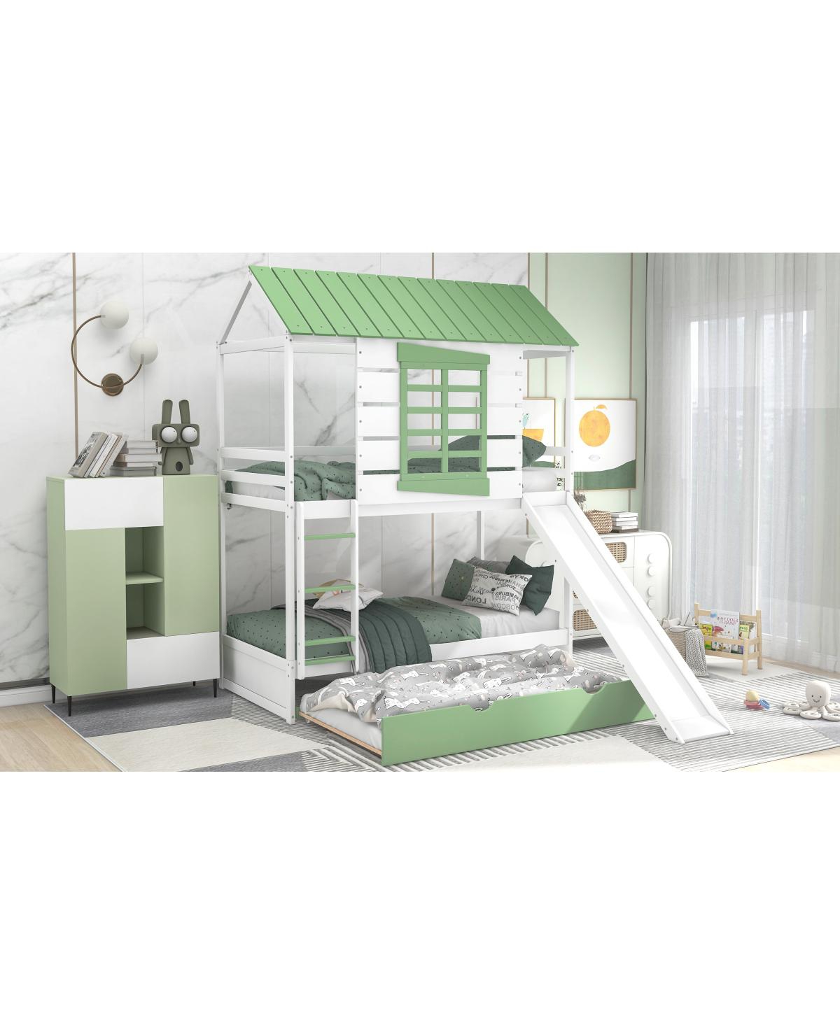 Simplie Fun Twin Over Twin Size House Bunk Bed With Convertible Slide And Trundle