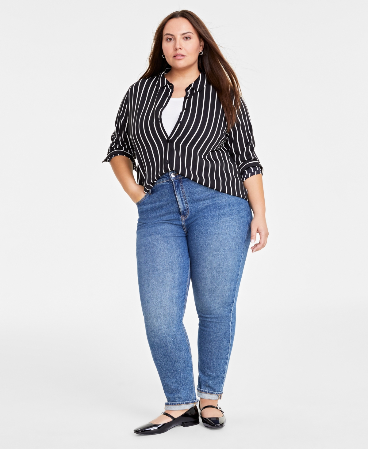 On 34th Trendy Plus Size Button-front Crepe Shirt, Created For Macy's In Black