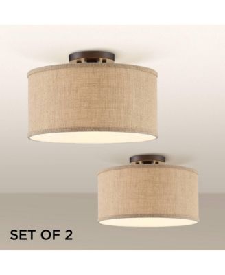 Adams Modern Ceiling Light Semi Flush Mount Fixtures 14" Wide Set of 2 Bronze Burlap Fabric Drum Shade for Bedroom Kitchen Living Room
