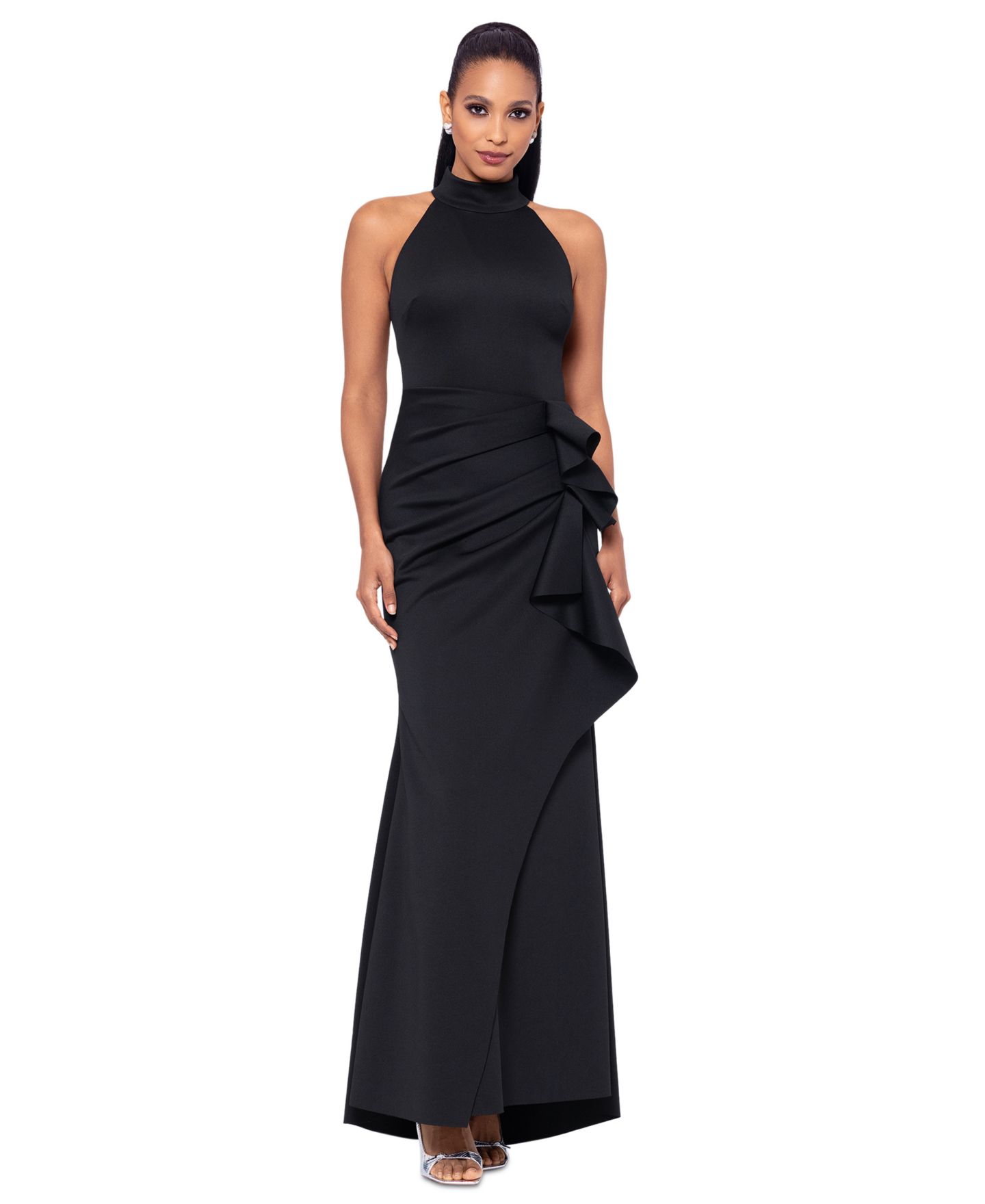 Женское платье XSCAPE Ruffled Sleeveless Scuba Fit & Flare, цвет: Чёрный — фото 1