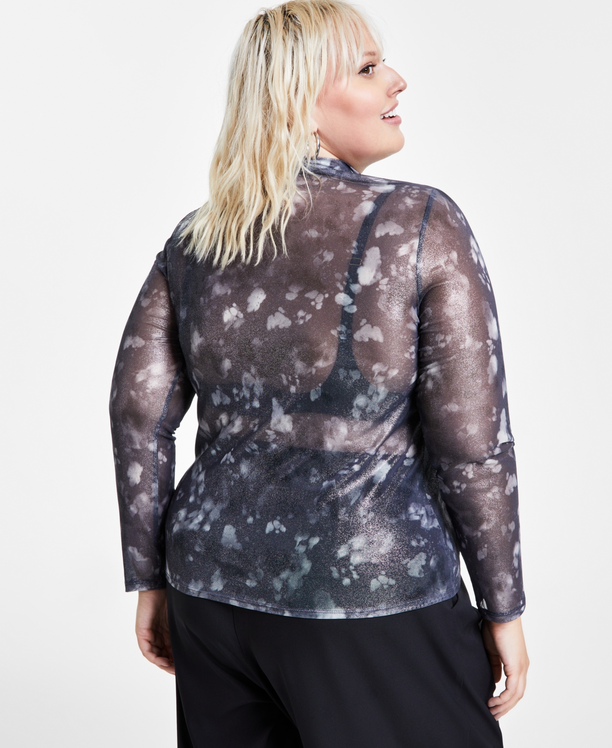 Bar Iii Trendy Plus Size Shine Mesh Mock-neck Top, Created For Macy's In Alex Dye B