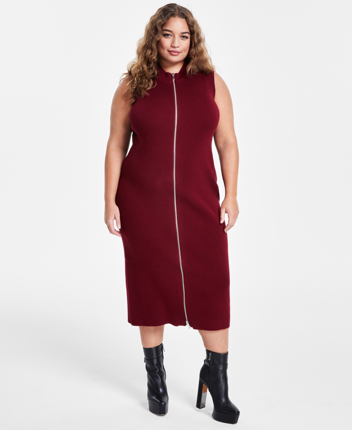 Bar Iii Trendy Plus Size Zip-front Sweater Dress, Created For Macy's In Cherry Pie